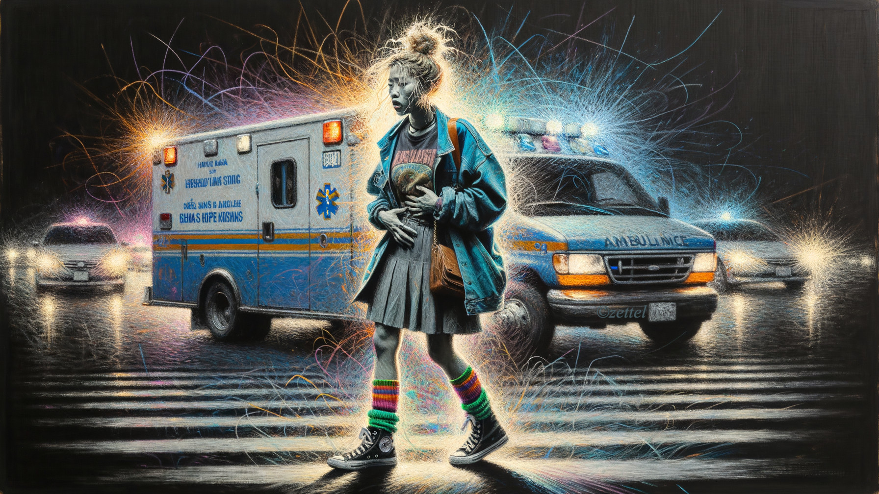 Worried Woman Walking in Wet City at Night