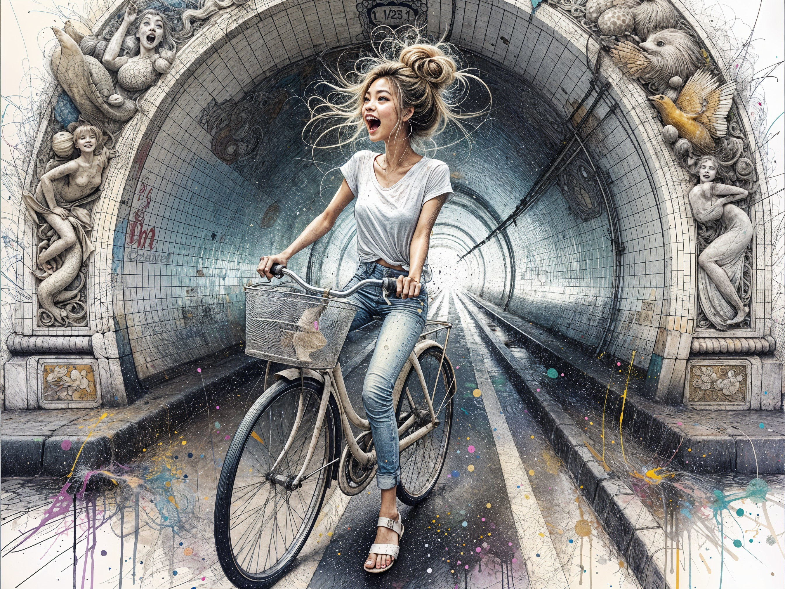 Young woman cycling in a colorful, carved tunnel