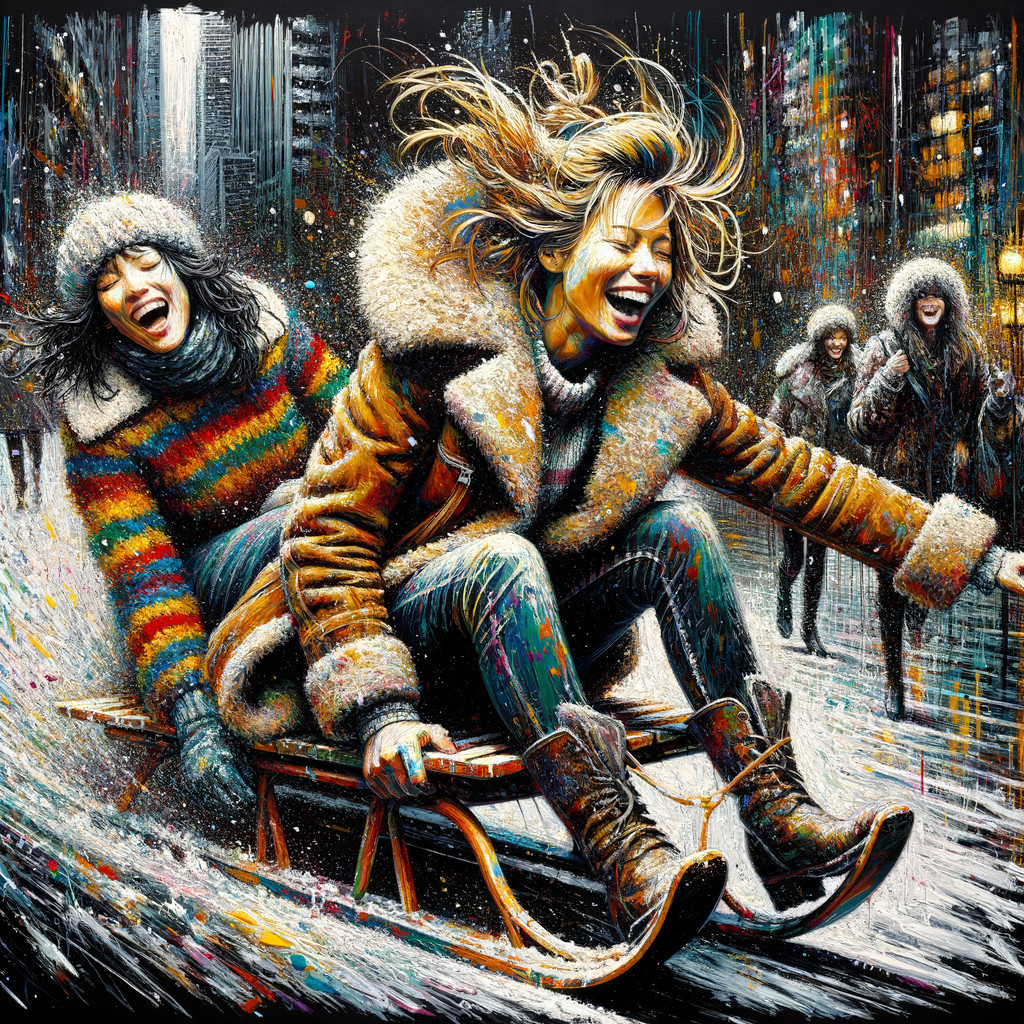 Joyful women sledding in a snowy cityscape