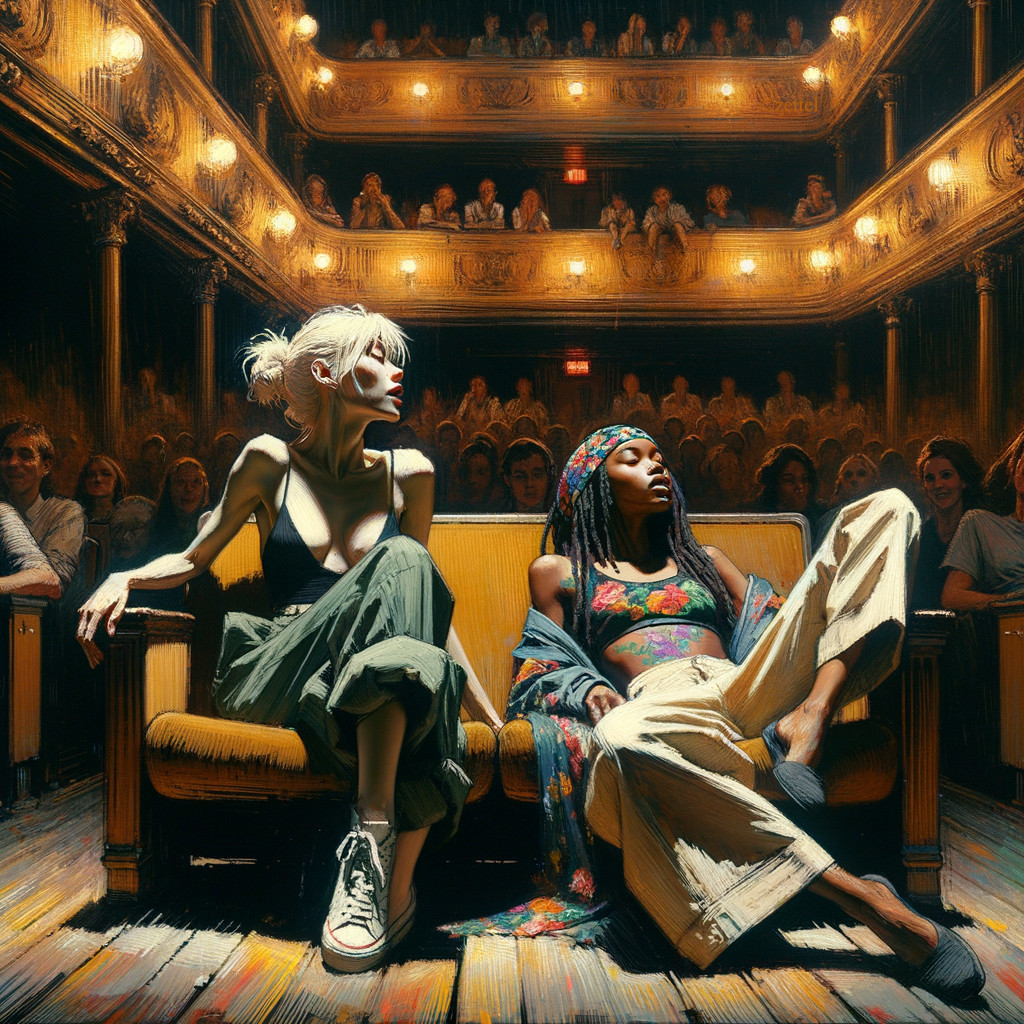 Theater Scene with Two Women on Vintage Couch