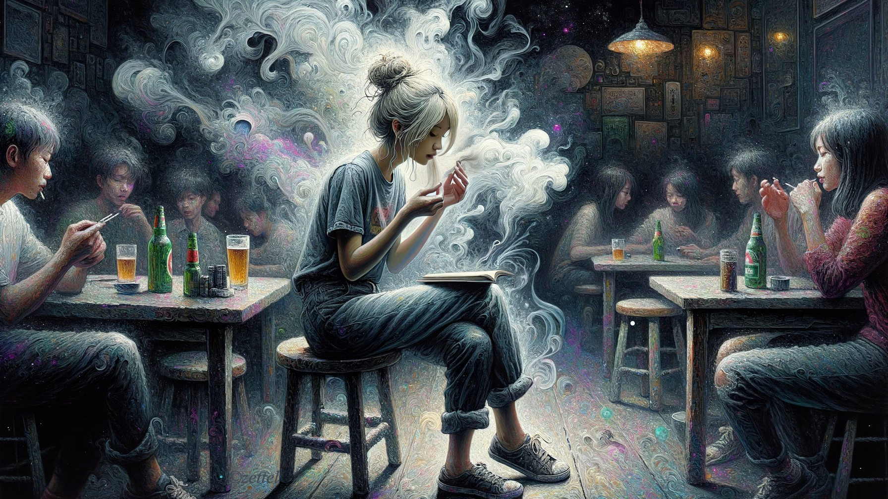 Young Woman in Dim Bar Reflects Amidst Conversations