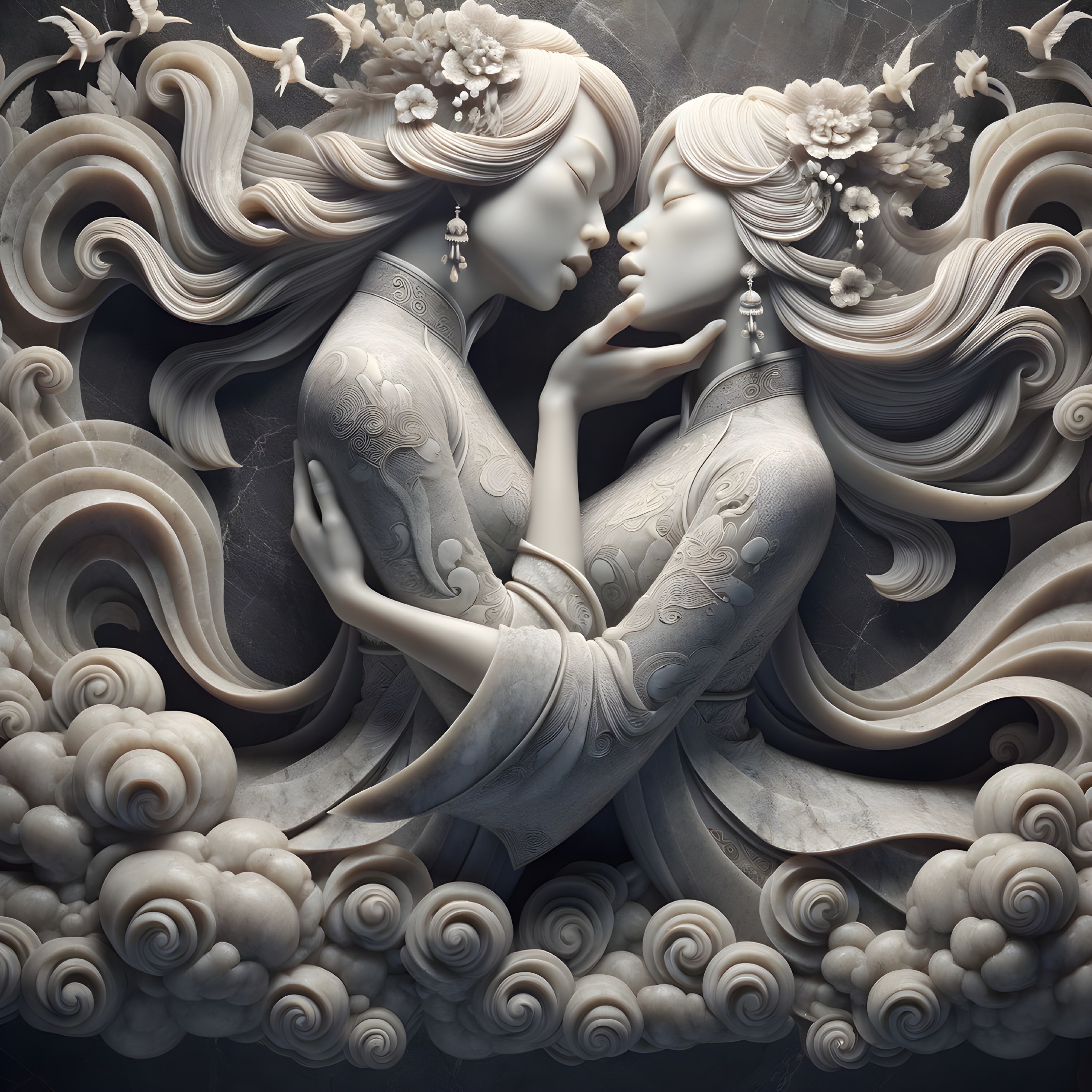 Detailed Relief Sculpture of Two Serene Female Figures
