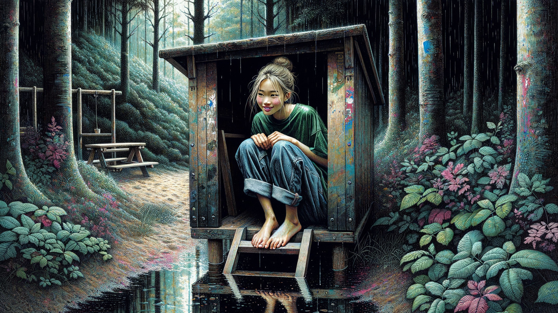 Young girl in serene forest by rustic wooden shed
