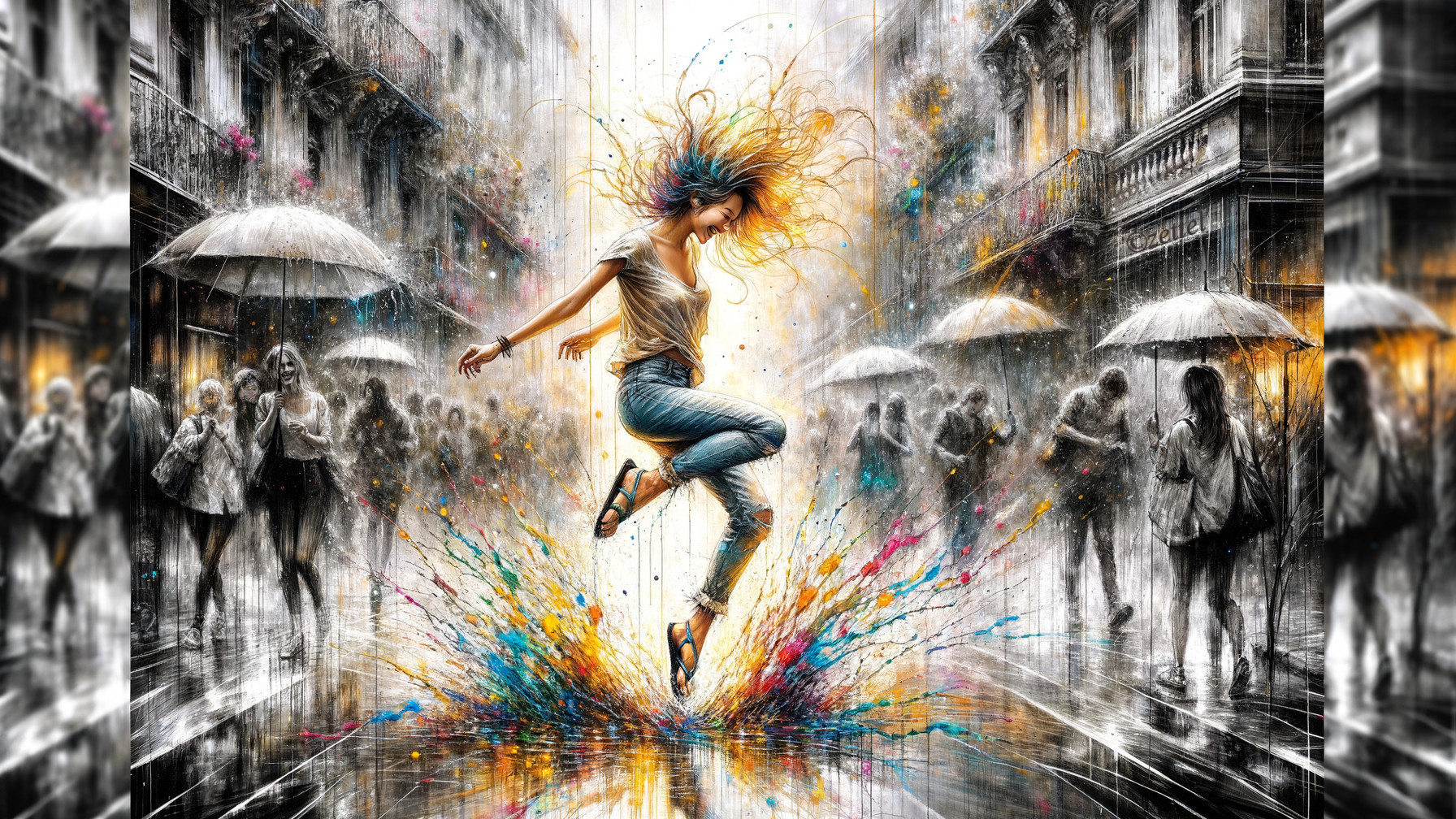 Dancer Leaping in Colorful Rainy Urban Scene