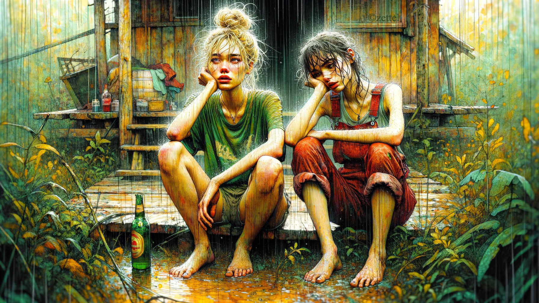 Young Women Reflecting by Rustic Cabin in Rain