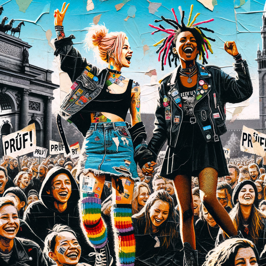 Vibrant Protest Crowd with Joyful Women Holding Hands