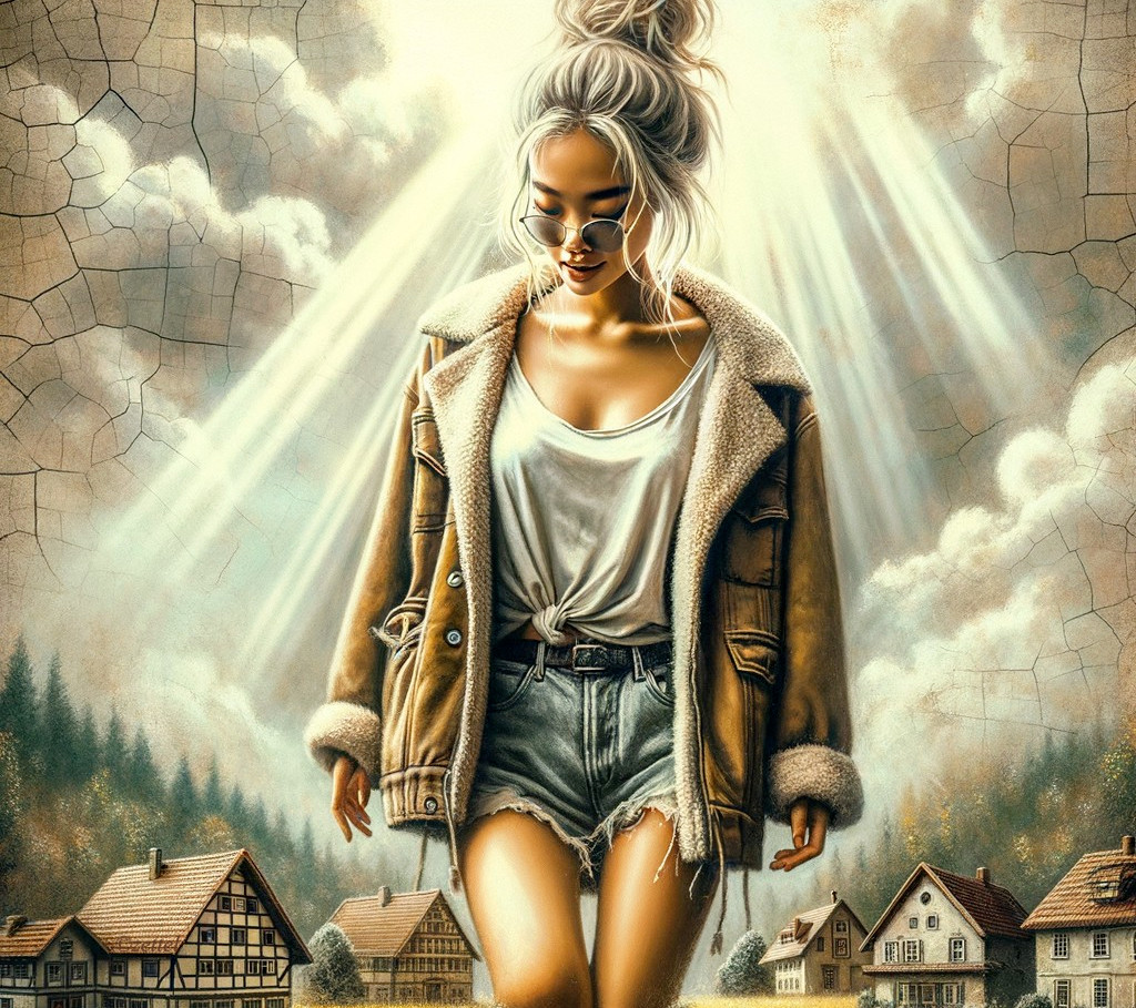 Young woman in casual outfit with charming cottages backdrop