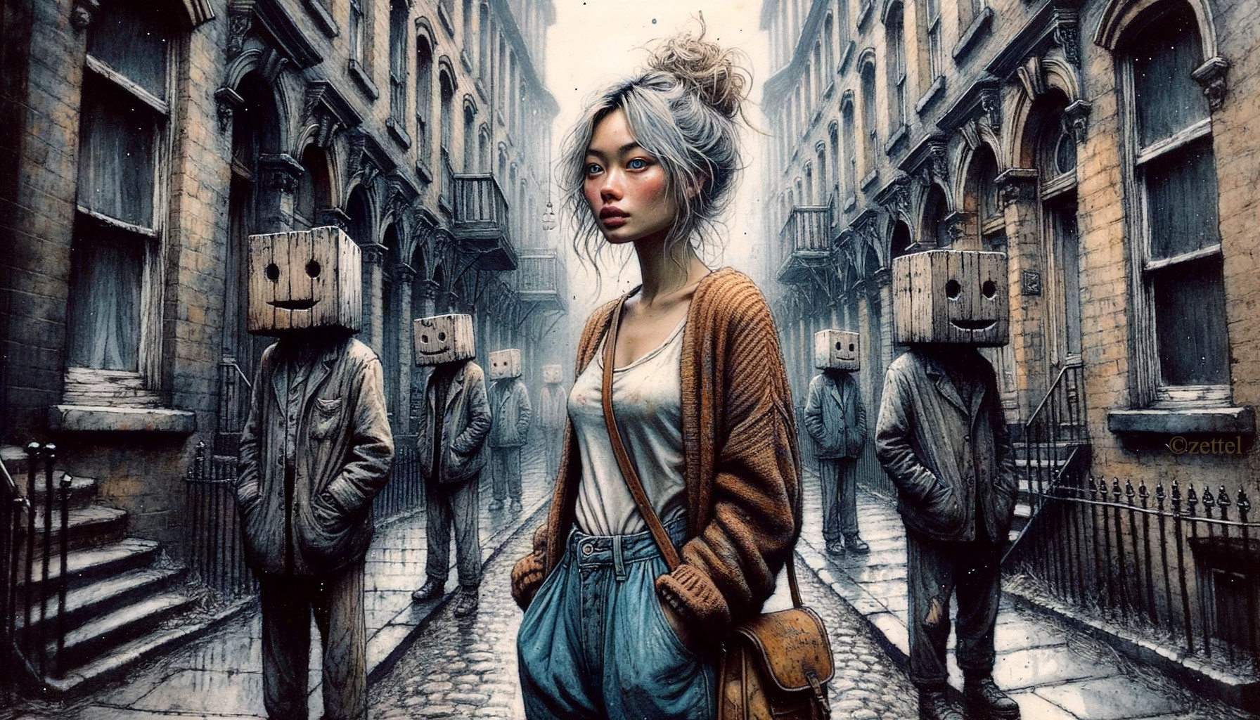Young woman in cobblestone street with box-headed figures