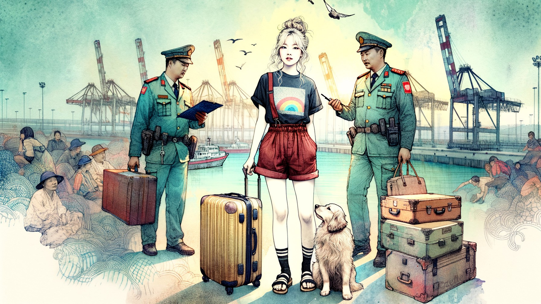 Young Woman with Suitcases at Busy Waterfront Scene