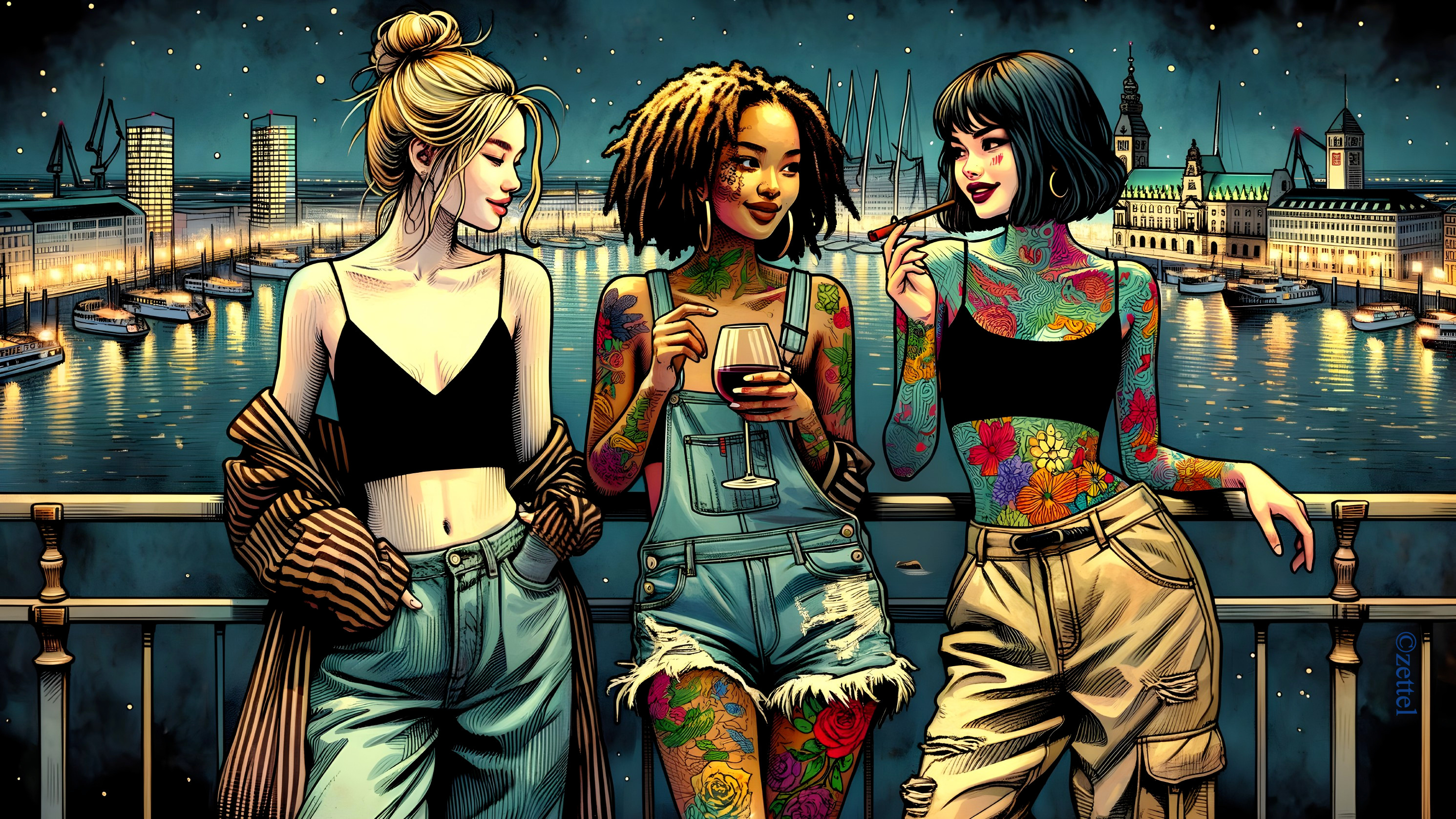Stylish Women on Balcony Overlooking City Waterfront at Night