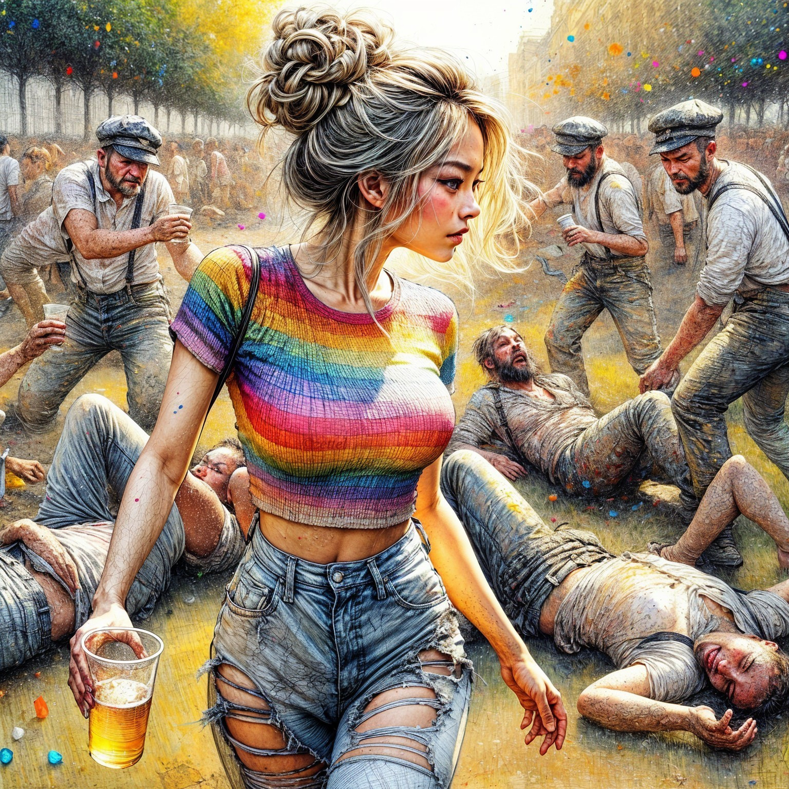 Festival Scene with Woman in Colorful Outfit