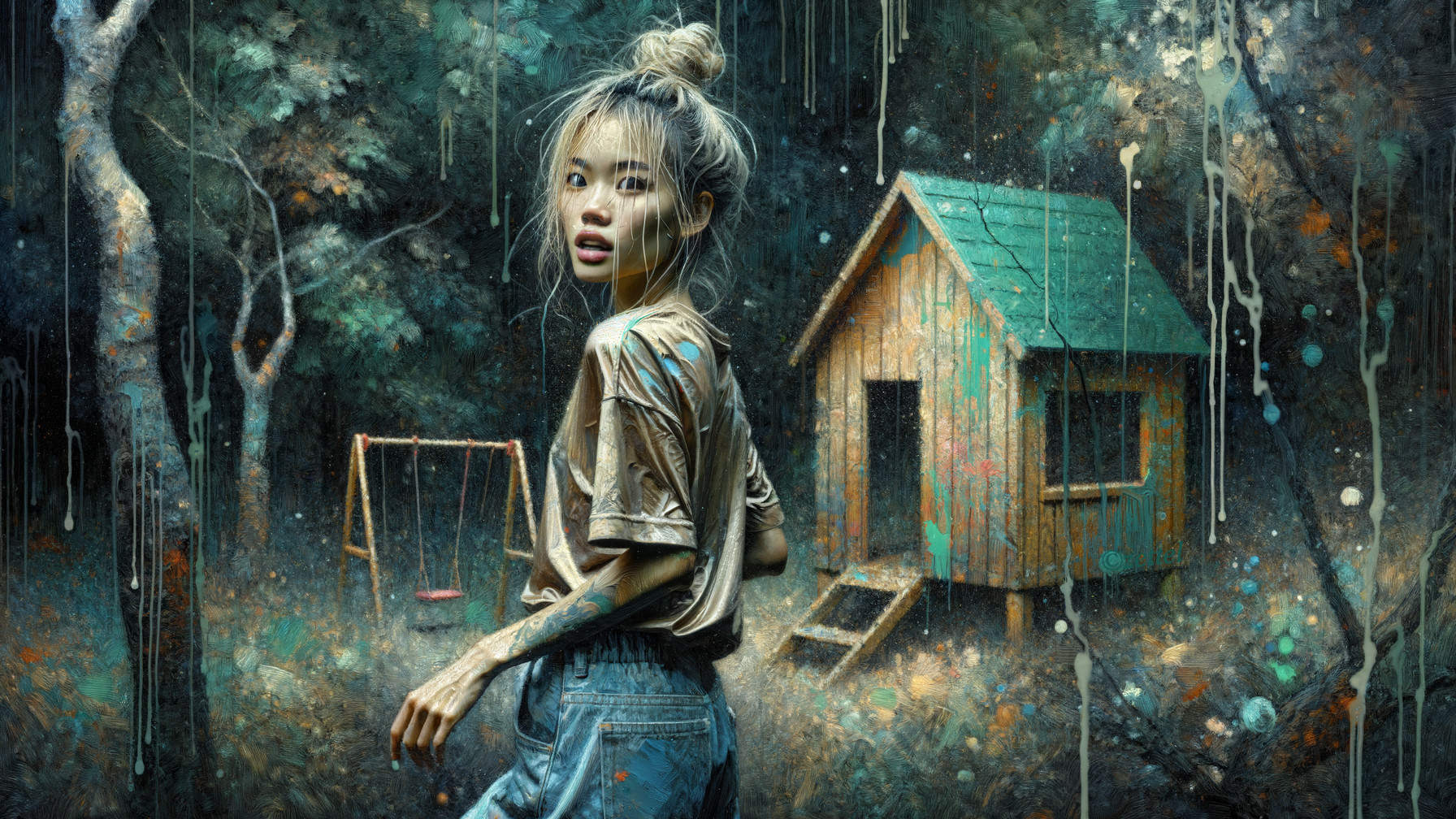 Surreal Scene of Young Woman in Colorful Forest