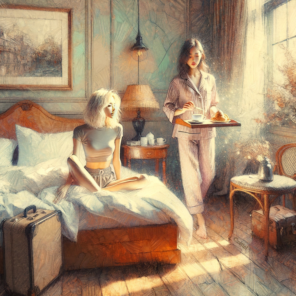 Elegant Room with Woman Serving Tea in Pajamas