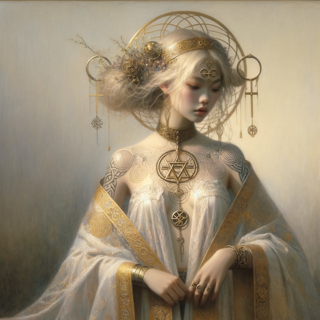 Serene figure in white and gold with mystical aura