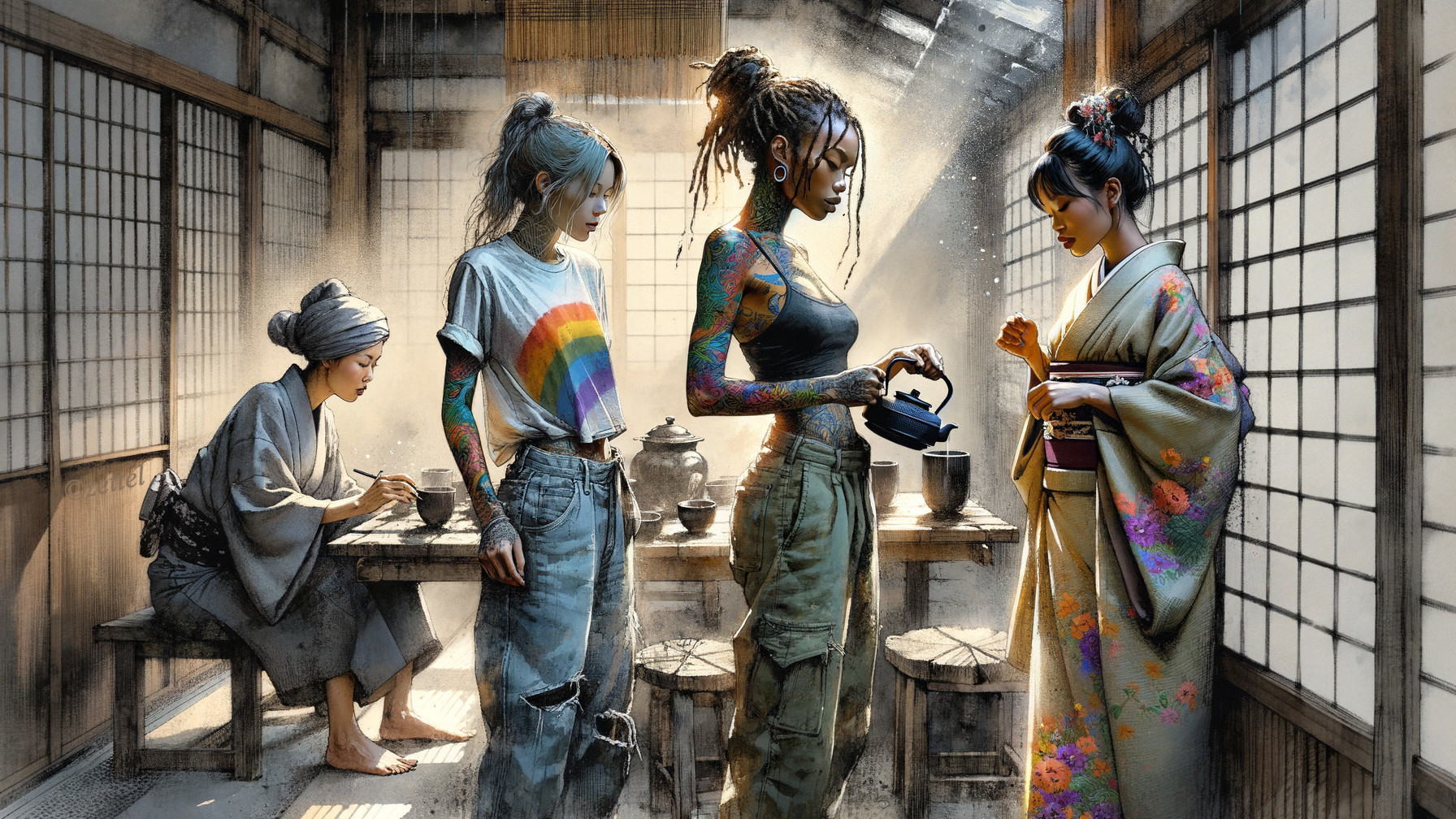 Indoor Scene with Four Culturally Diverse Women