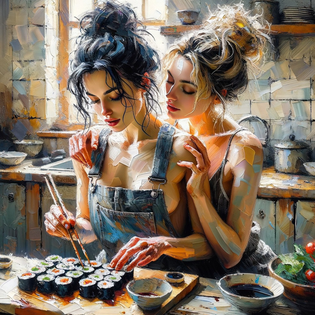 Women Preparing Sushi in a Cozy Kitchen Setting