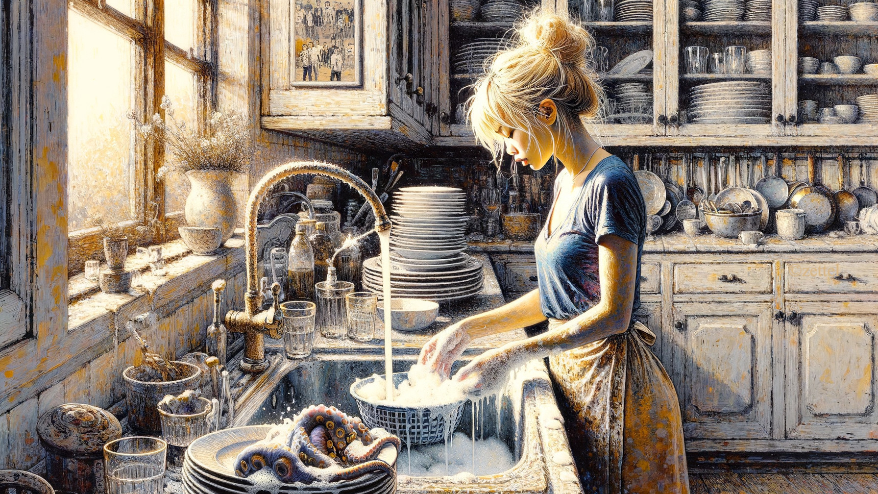 Serene kitchen scene with woman washing dishes