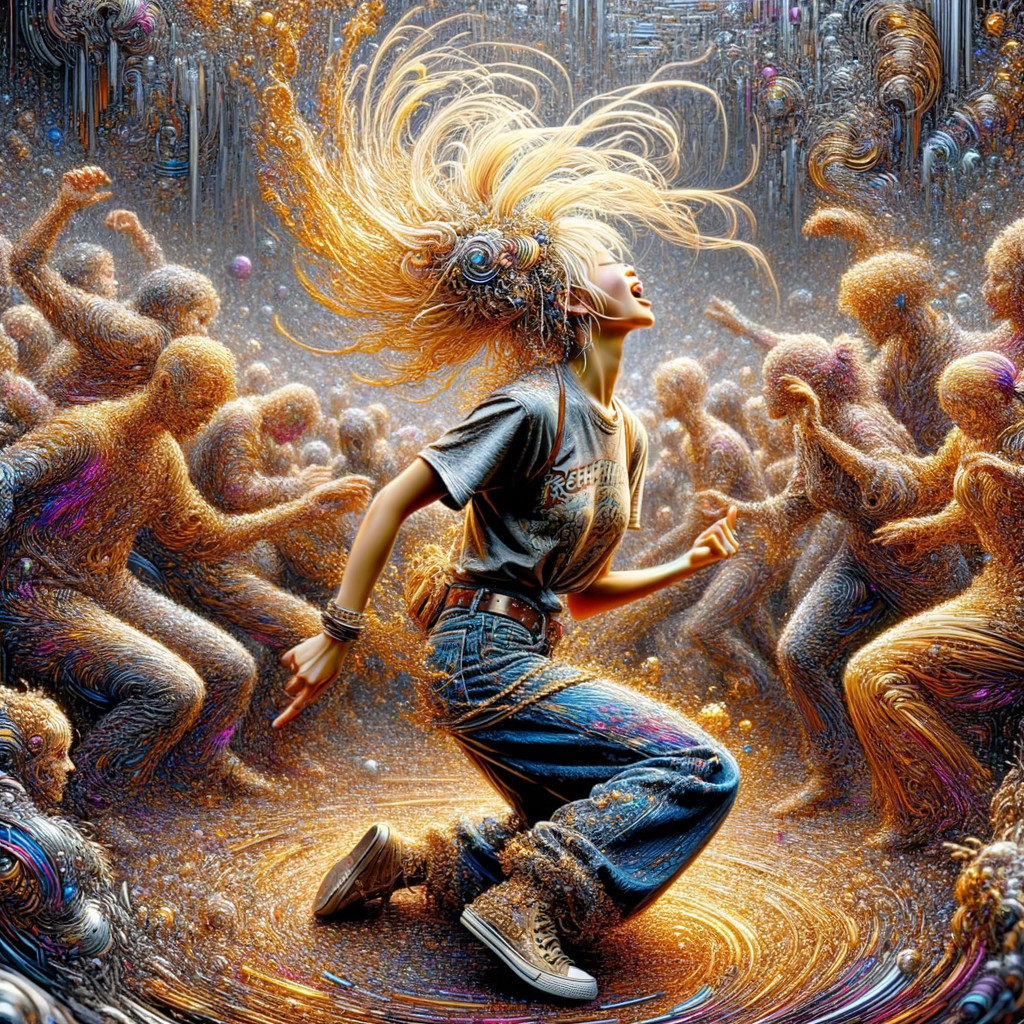 Vibrant Dance Scene with Abstract Swirling Colors