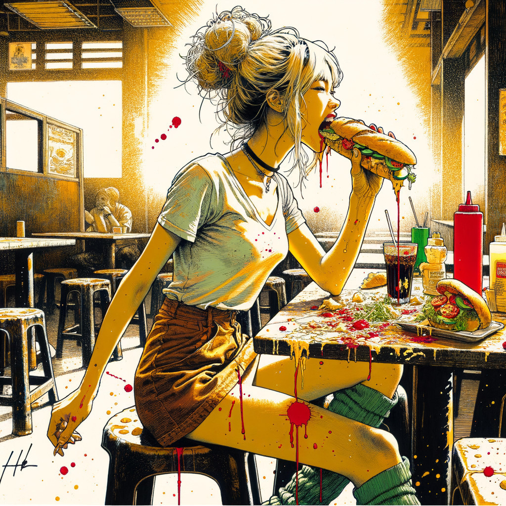 Young Woman Enjoying a Sandwich in Retro Diner Scene