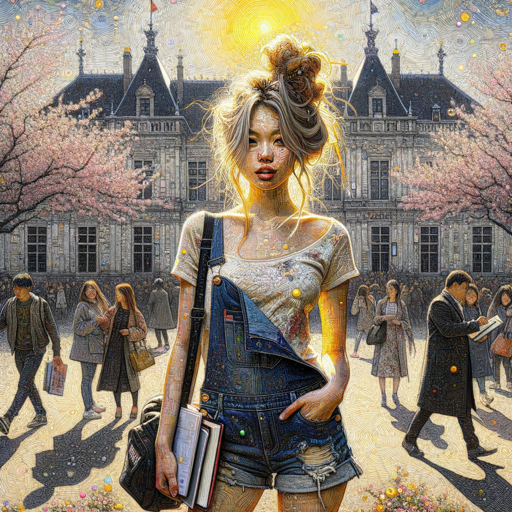 Young woman with books by cherry blossom building