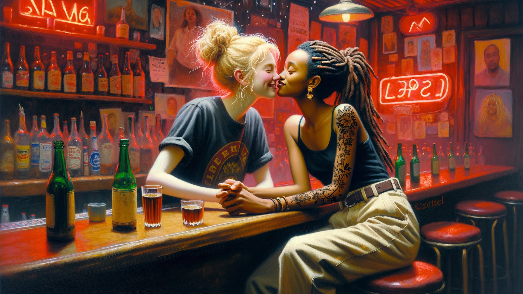 Cozy Bar Scene with Two Women Sharing a Kiss