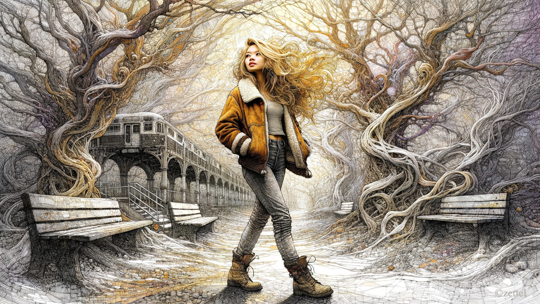 Young woman in a surreal landscape with trees and station