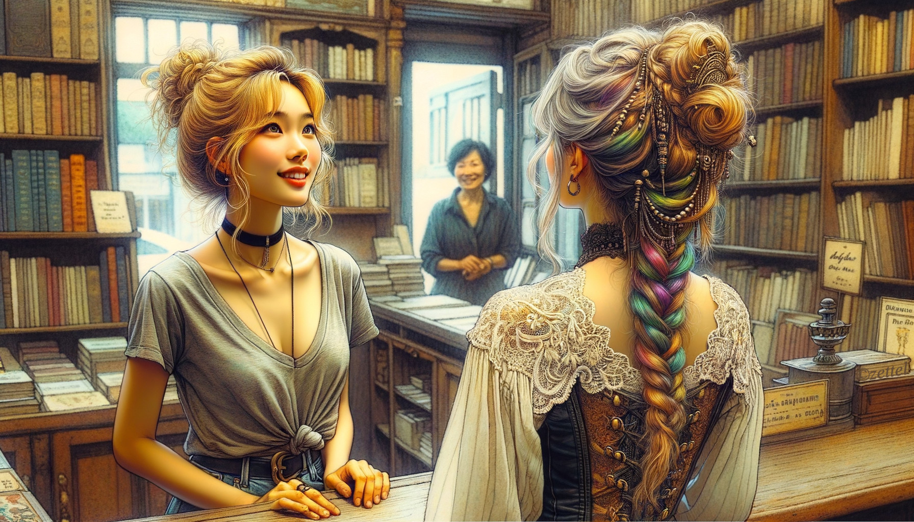 Women Conversing in a Vintage Bookstore Setting