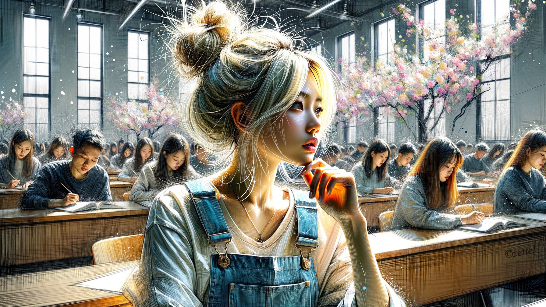 Classroom Scene with Cherry Blossoms and Students