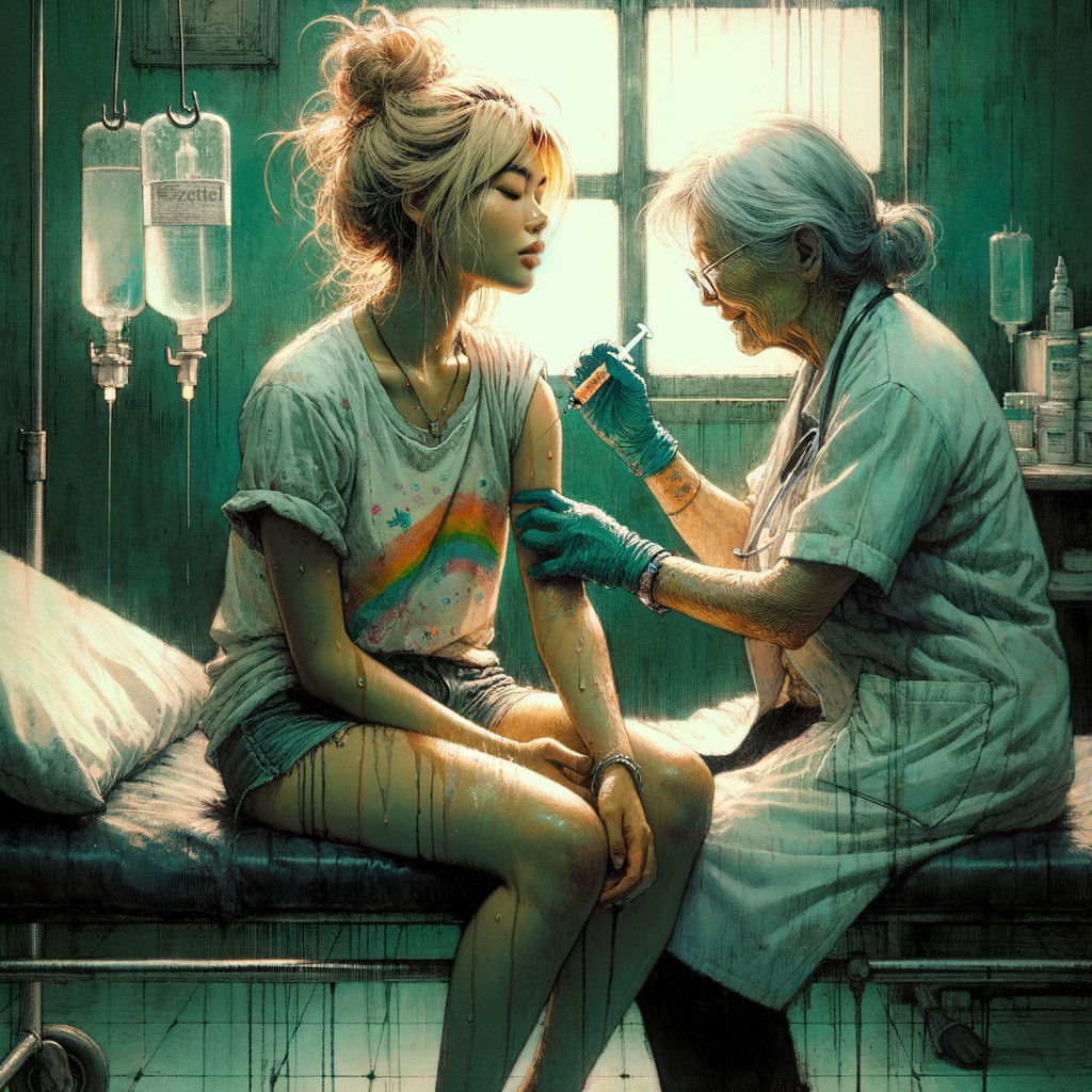 Young Woman Receives Injection in Dimly Lit Clinic