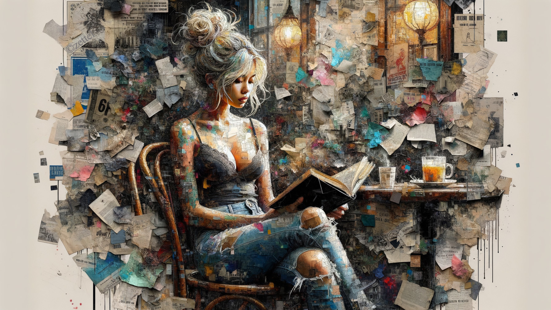 Young woman reading in a cafe with artistic decor