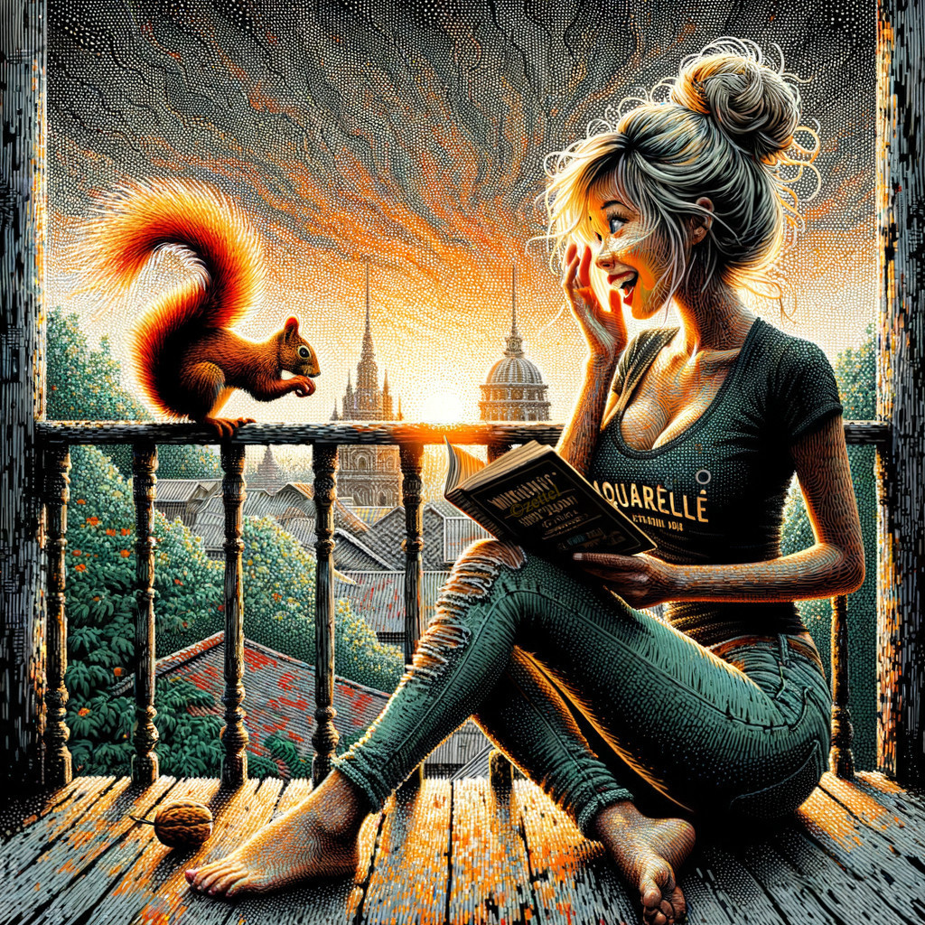 Woman Reading on Balcony at Sunset with Squirrel Nearby