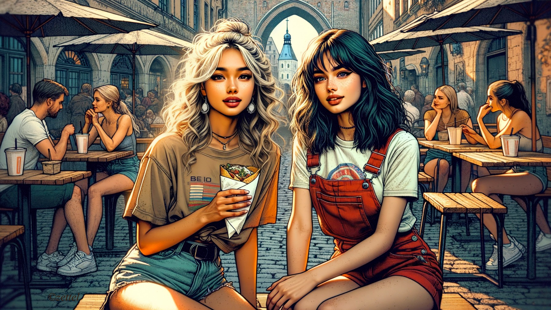 Young women dining at an outdoor café setting