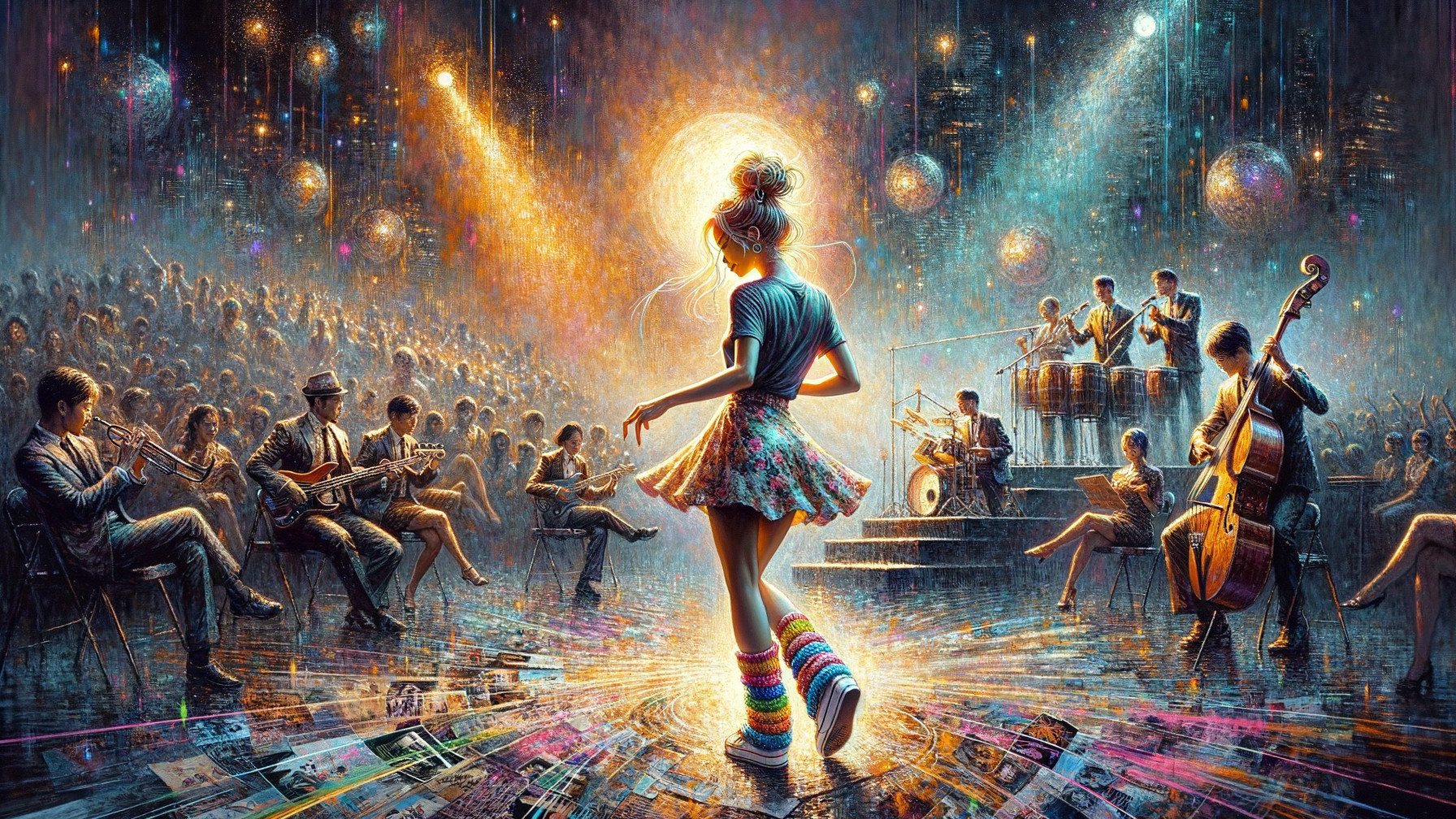 Vibrant Concert Scene with Dancing Girl and Band