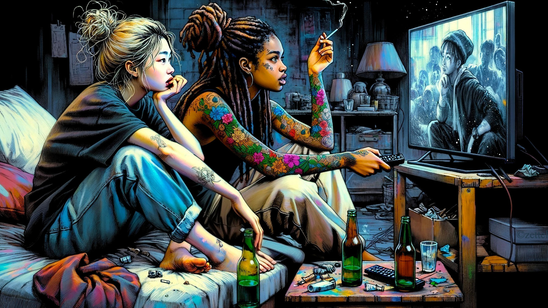 Cozy Room with Two Women Watching TV Together