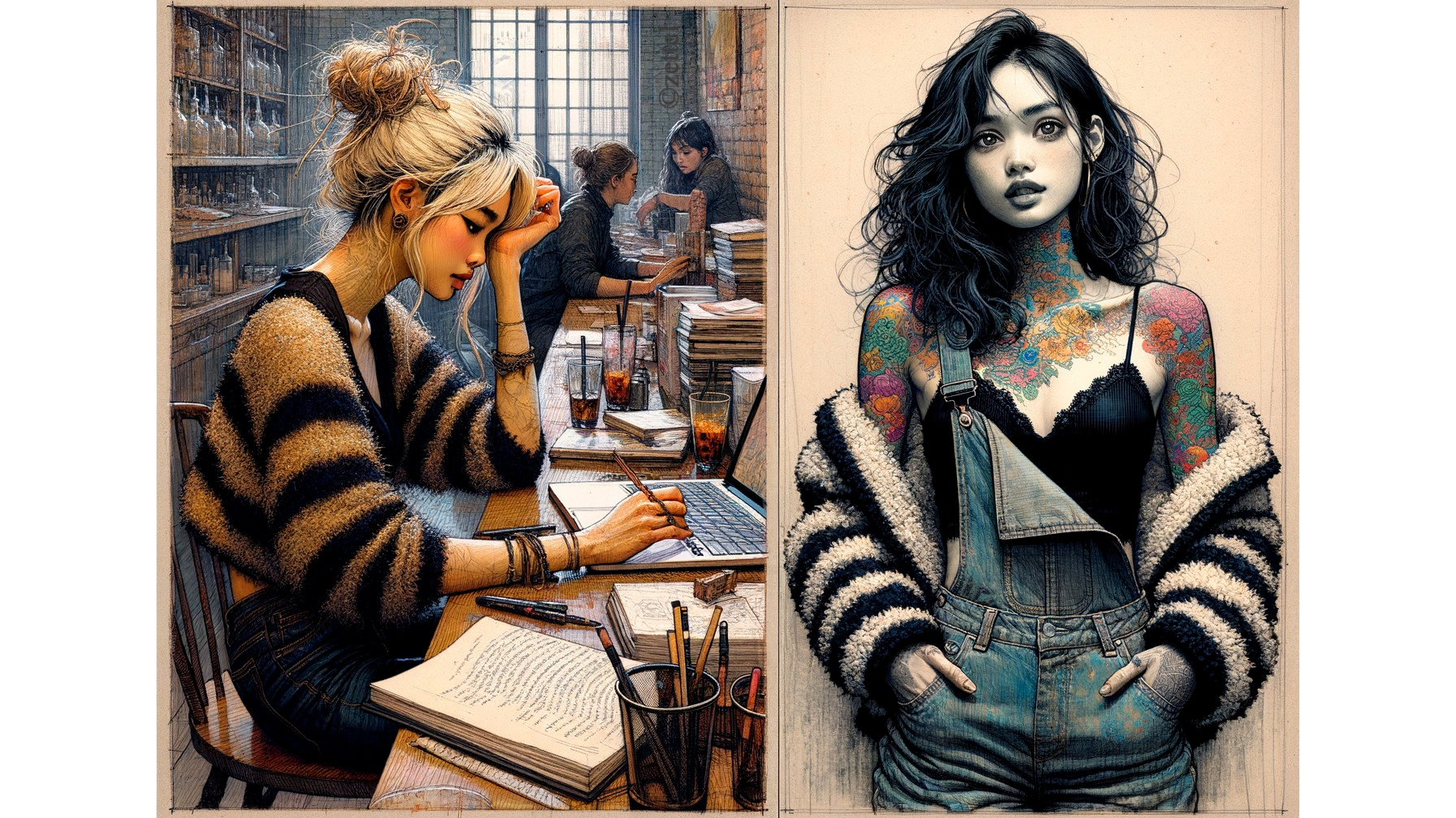 Contrasting Individuals: Focused Thinker and Confident Artist