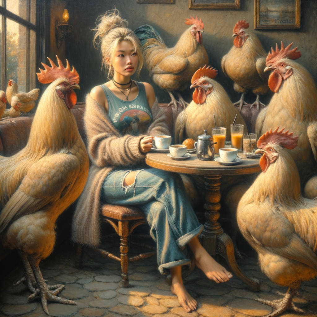 Cozy café scene with a woman and fluffy chickens