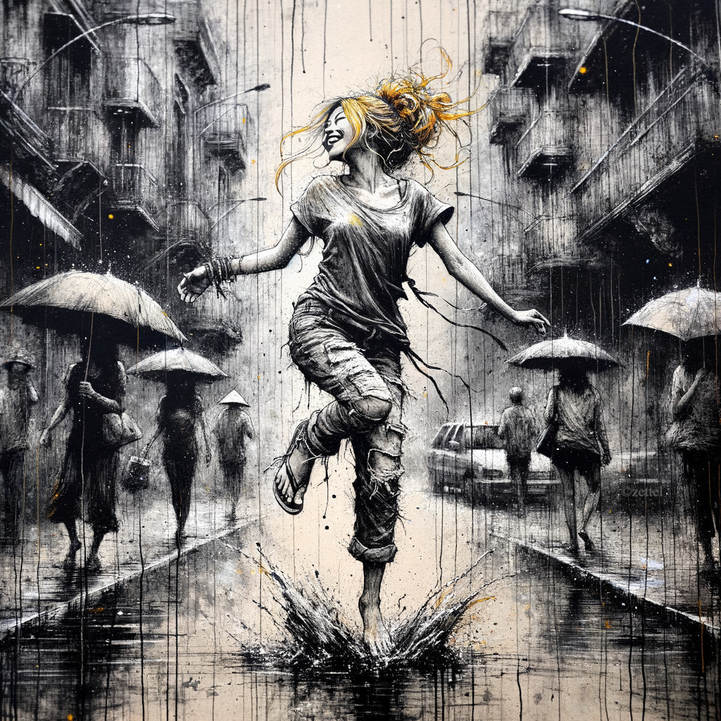Vibrant Street Art of Girl Dancing in Rain Puddles