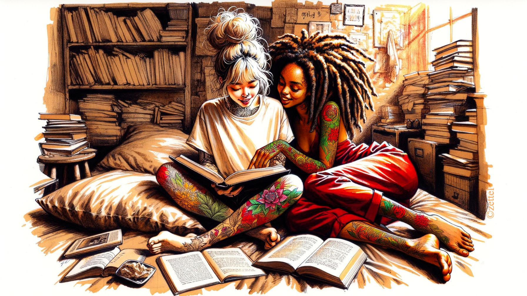 Cozy Room with Two Women Reading Together