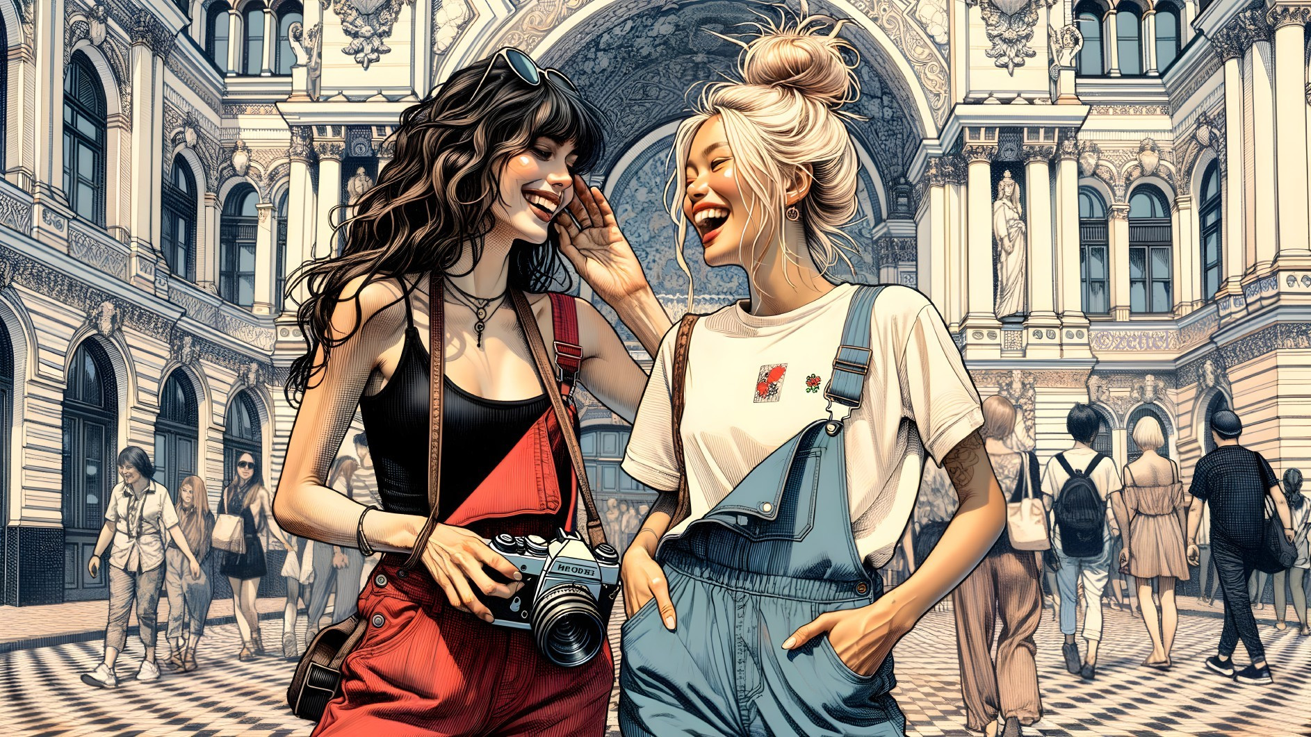 Joyful Moment of Two Women in Architectural Setting