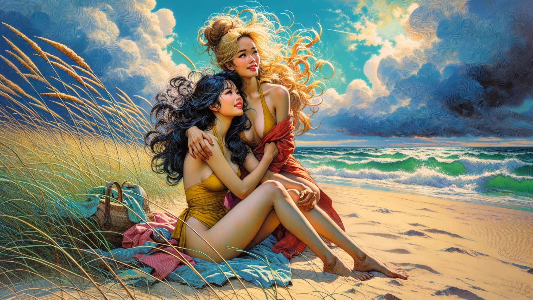 Women Relaxing on a Beach with Dramatic Sky