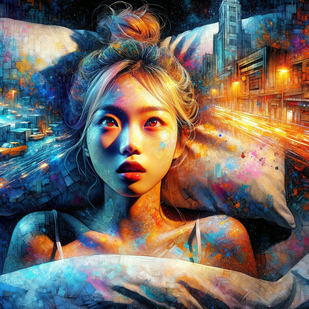 Surreal Scene of a Thoughtful Woman in Colorful Bed