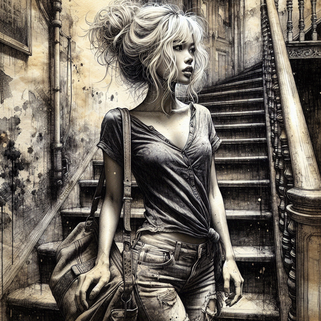 Young Woman at Vintage Grand Staircase with Bag