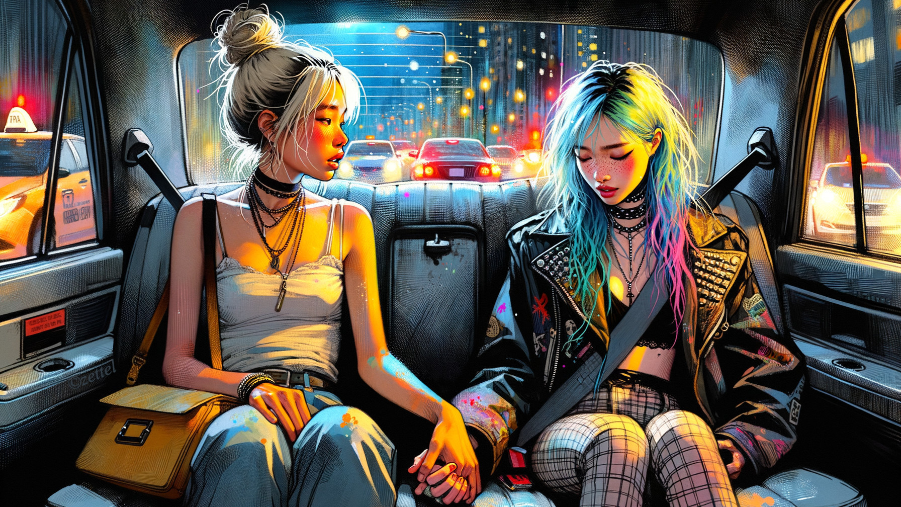 Young Women in Taxi with City Lights and Intimacy
