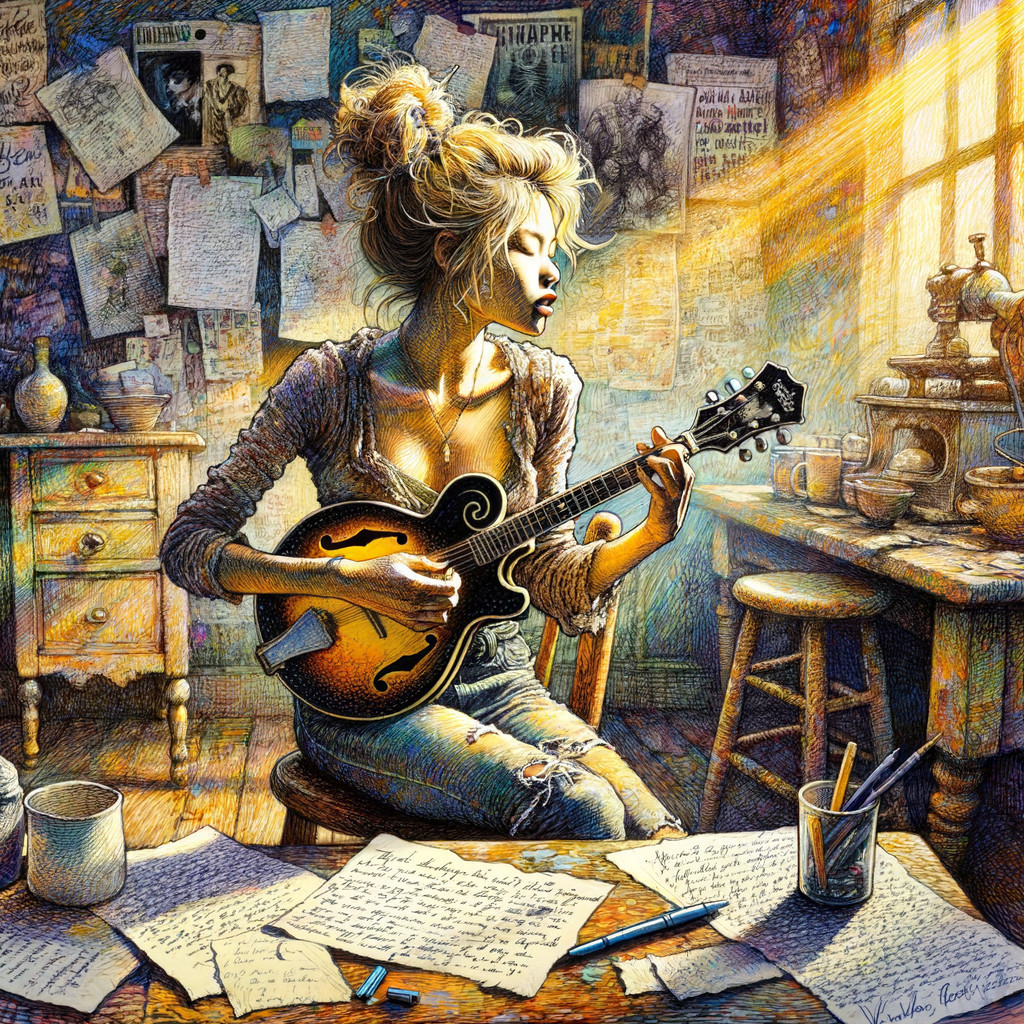 Young Woman Strumming Mandolin in Cozy Room