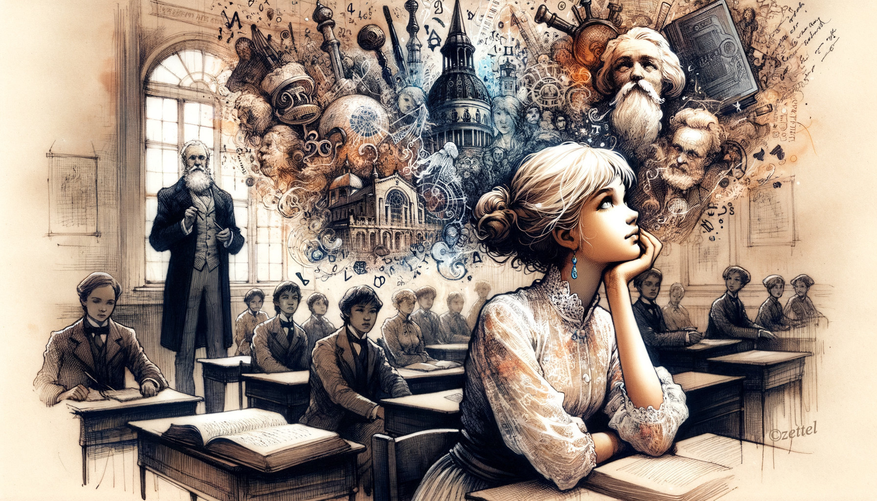 Young Girl Daydreams Amidst Classroom Setting