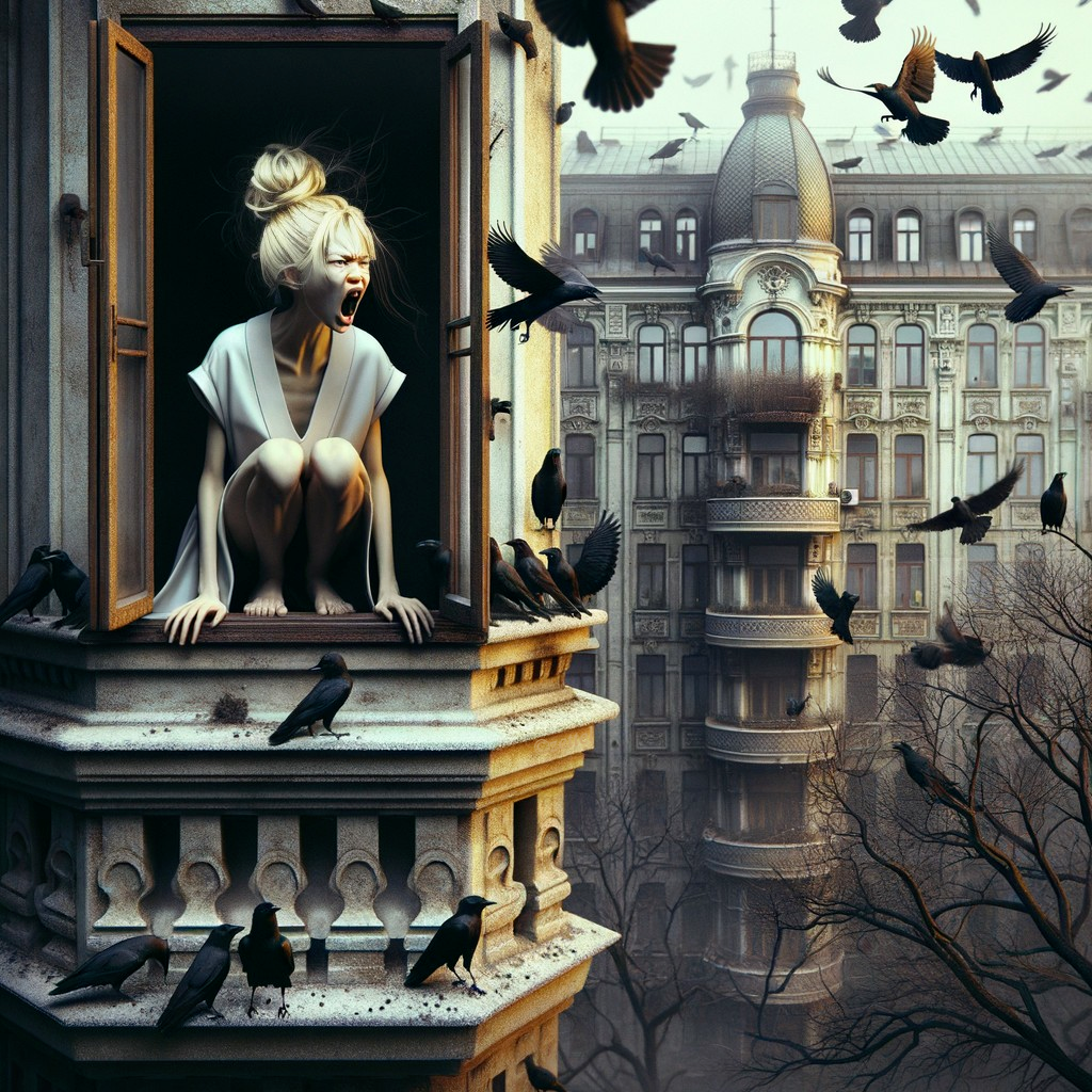 Woman screaming amidst swirling crows and old architecture