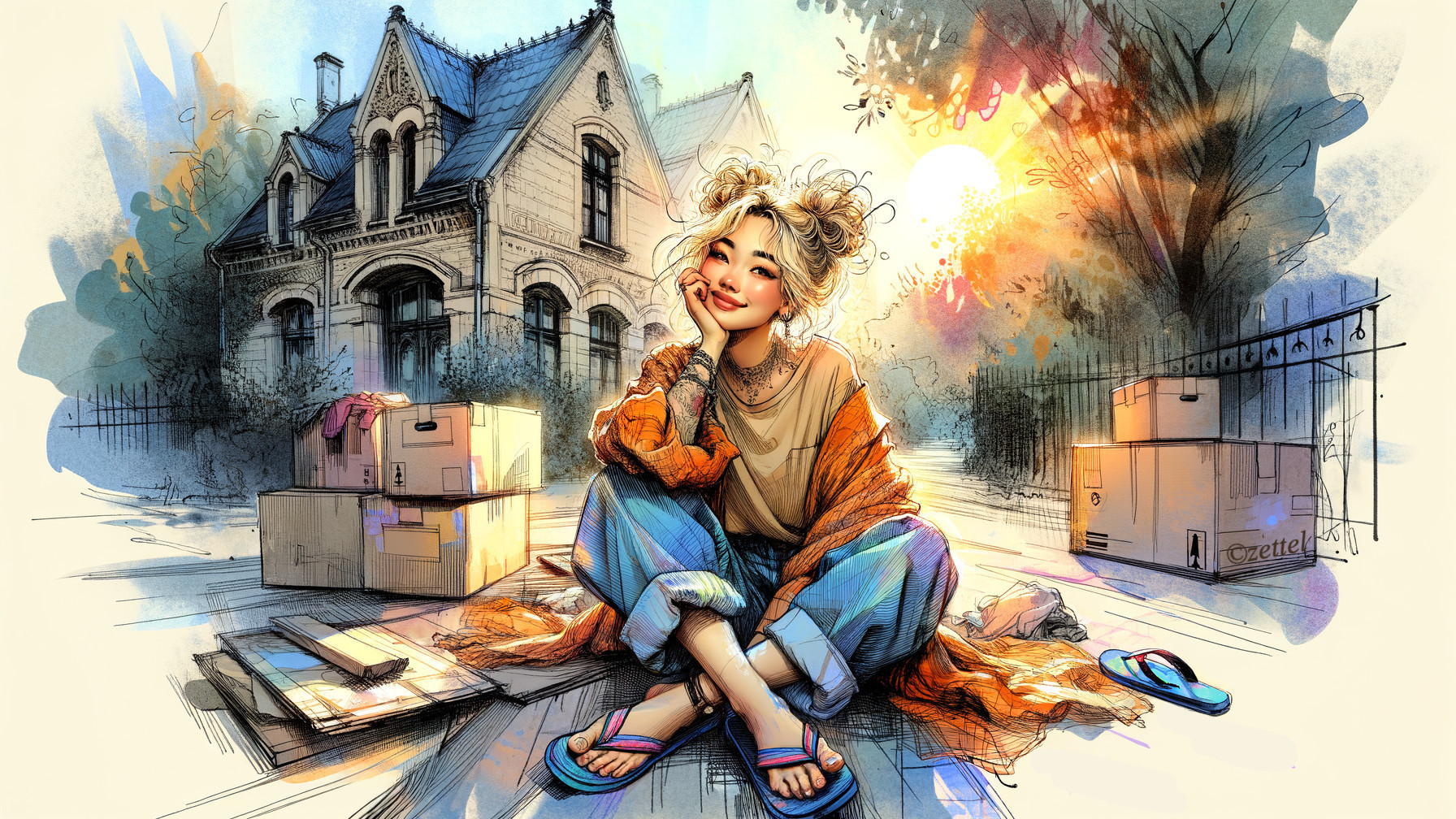Young woman in colorful outfit by vintage house