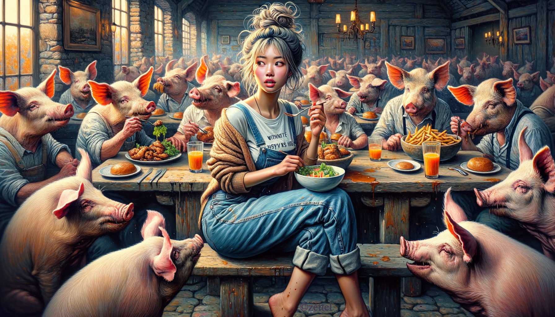 Rustic dining hall scene with pigs in human clothing