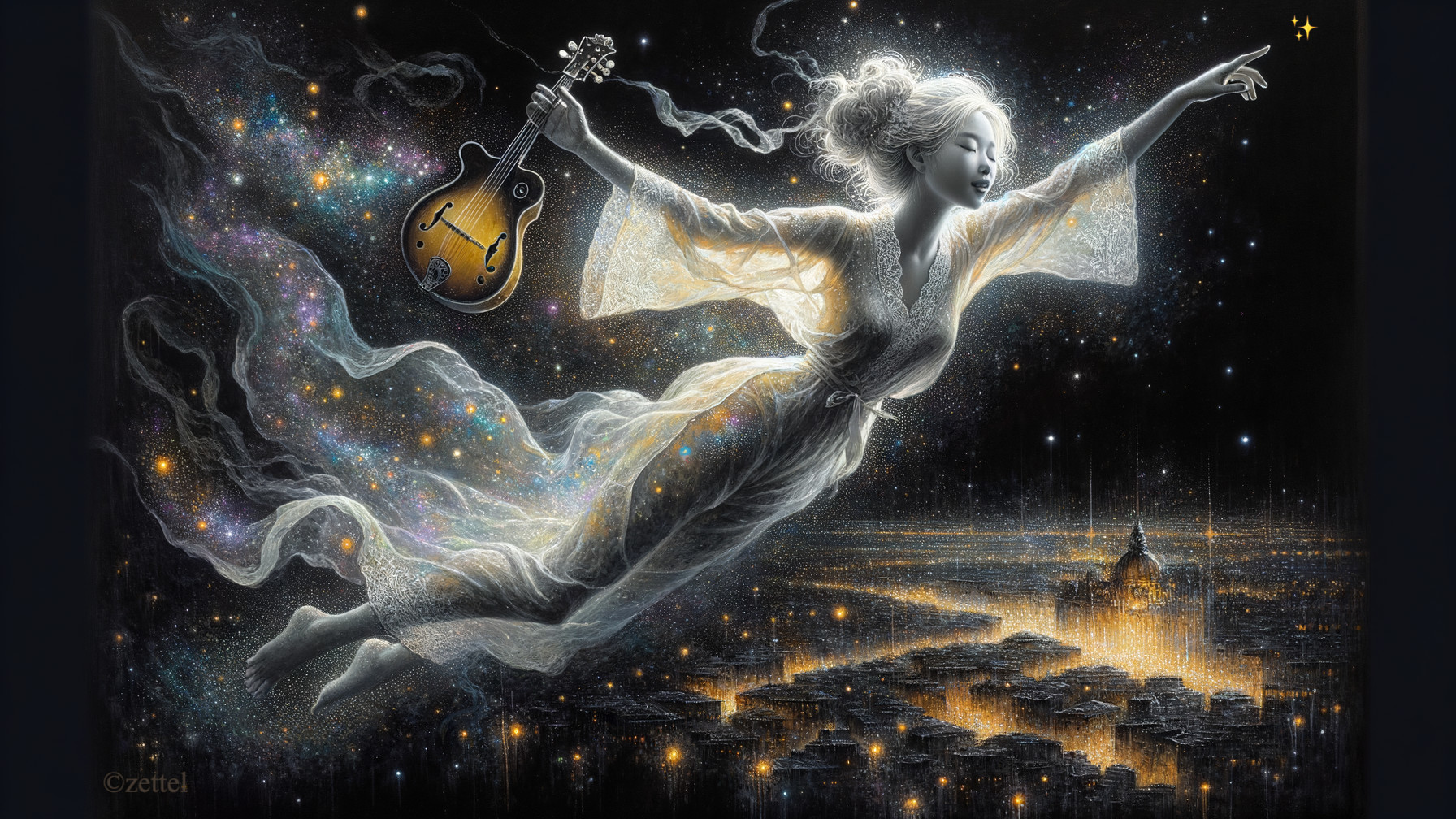 Luminous Figure in White Garments Amidst Starry Sky