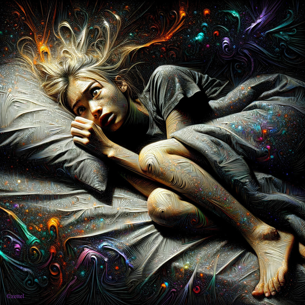 Frightened Figure Amid Colorful Abstract Patterns